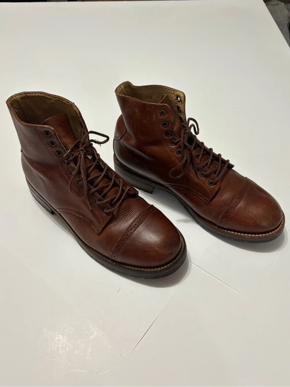 Javier Brown Leather Cap Toe Boots Size 7 Brogue Lug Sole